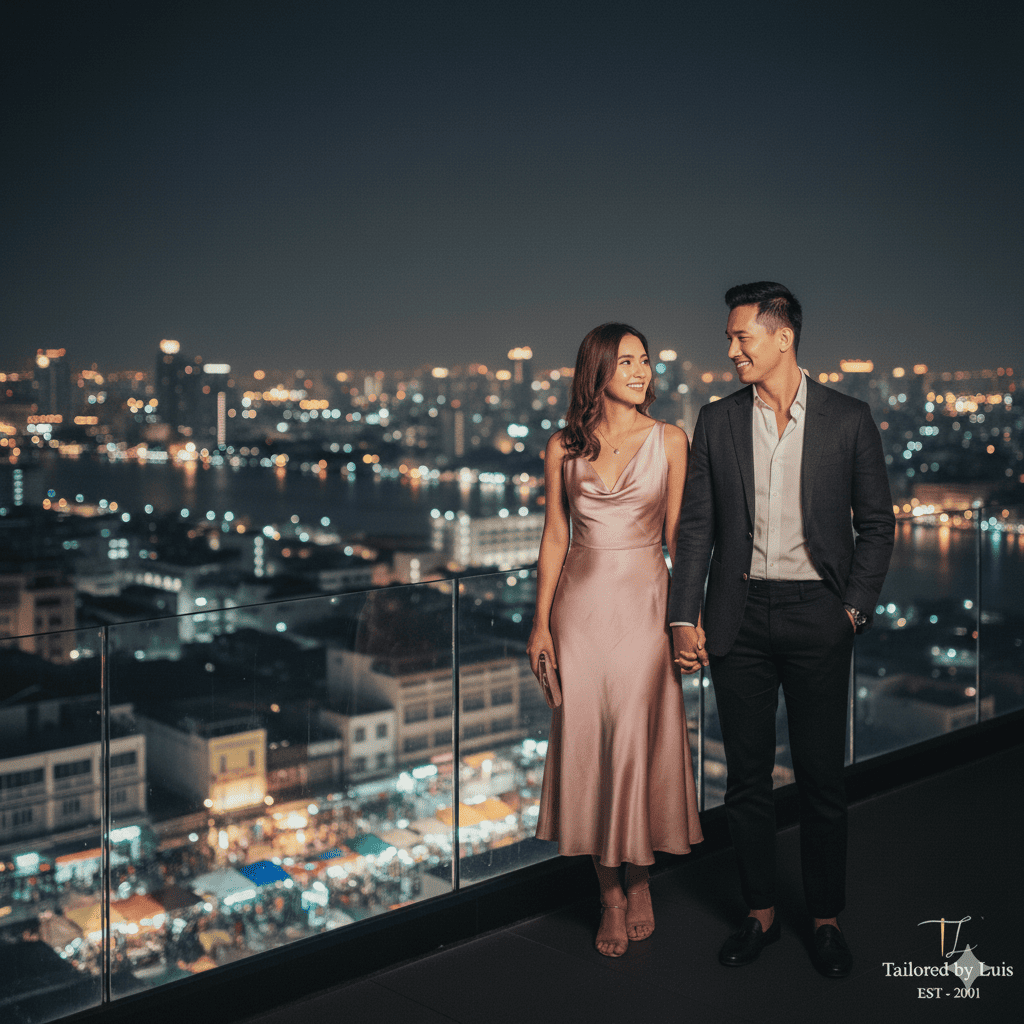 Stylish couple in Bangkok nightlife fashion transitioning from street markets to rooftop bars, dressed in tailored tropical evening wear by Tailored By Luis