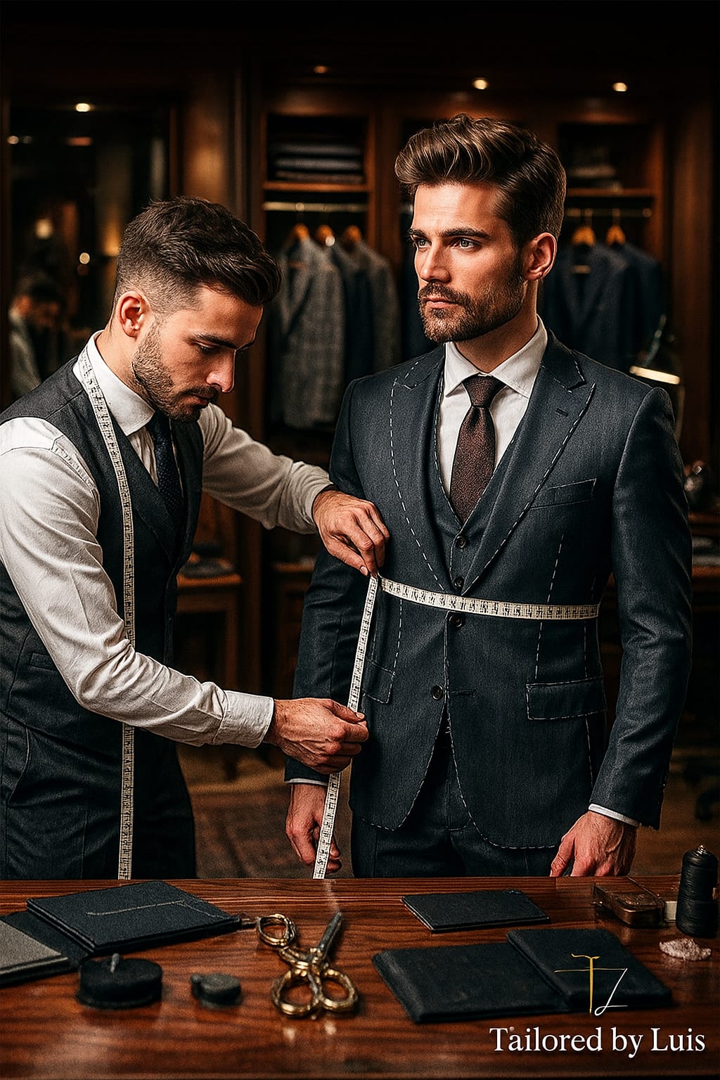 Bangkok custom suit – tailor measuring a man’s shoulder in a Bangkok studio