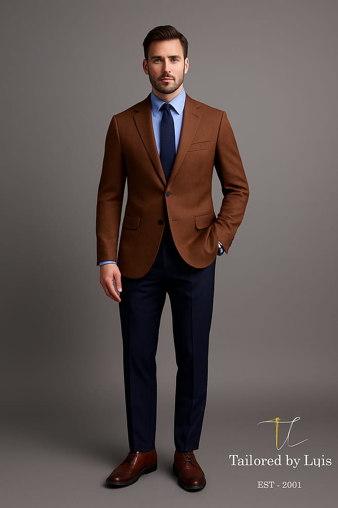 Man in brown tailored blazer by TailoredByLuis, showcasing casual tailoring for men
